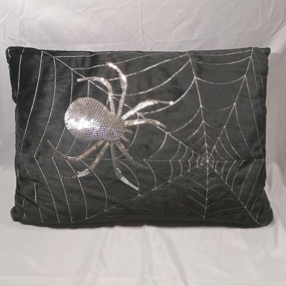 Black Velvet Spider Web Sequin Spider Throw Pillow Gothic Halloween Decor